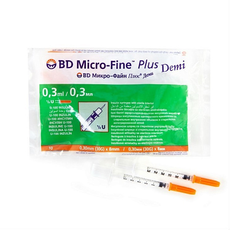 Шприц инсулиновый BD Микро-Файн плюс (Micro-Fine Plus) Деми U-100 0.3 мл с иглой (0.3 х 8) 30G №10