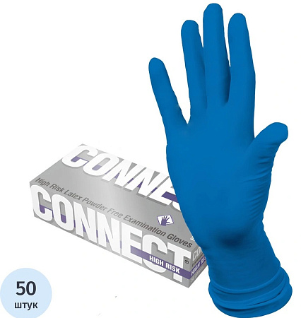 Перчатки смотровые латексные Коннект (Connect) HIGH нестерильные неопудренные р S №50 (25 пар) синий