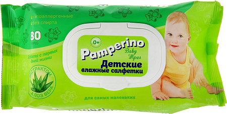 Салфетки влажные Памперино (Pamperino) с алоэ вера с клапаном д/детей с 0 месяцев №80